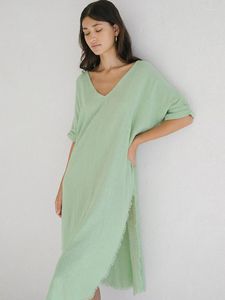 Mulheres sleepwear hiloc verde com decote em v algodão camisola de manga curta camisola 2024 primavera meados de bezerro fenda sexy mulheres nightwear mulher rosa