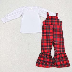 Conjuntos de roupas atacado ocidental boutique outfits bebê meninas roupas brancas de manga comprida top vermelho e verde xadrez suspensórios macacão