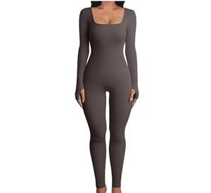 Women's Jumpsuit Yoga Jumpsuit Exercise Ribbed Long Sleeve Pants Sports Jumpsuit Elegant Slim Suit