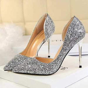 Dress Shoes 2023 Women 9.5cm High Heels Blue Gold Silver Pumps Sexy Sequins Bling Low Lady Scarpins Luxury Stiletto Sparkly Prom