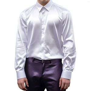 Camisas de vestido masculinas homens seda como cetim brilhante manga longa cor sólida slim fit club outfit