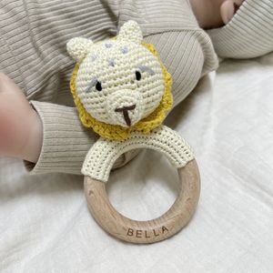 Teethers Toys 1 Pc Customized Baby Name Baby Teeth Animal Crochet Rattle Rabbit Elephant Fawn Ring Wooden Baby Toys 231215