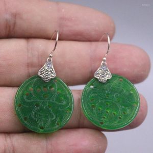 Brincos pendurados real sólido 925 prata esterlina natural jadeite padrão esculpido moeda oca redonda