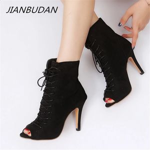 ブーツJianbudanopen Toe High Heel Women's Summer Boots Roman Style Autumn Ankle Laceup Suede Fashion High 3443 231214