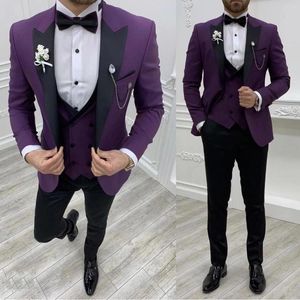 Men's Suits Custom Made Purple Prom Party Wedding For Groom Slim Fit Business Work Wear Men Blazer Waistcoat Trousers Marriage Costume