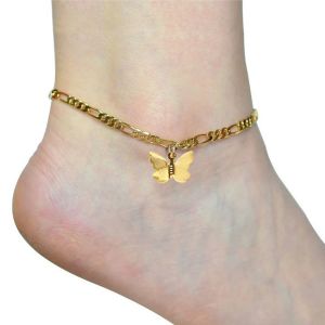 Damen-Knöchel-Bein-Armband, Strandschmuck, Damen-Fußkettchen aus 14-karätigem Gelbgold, Figaro-Kette mit Herz-Anhänger, Fußkettchen für Frauen