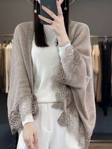 Shawls Korean Fashion Solid Color Lace Wool Coat Warm Shawl Women's Autumn Winter Soft Knitted Blouse Cardigan Neck Guard Cloak Scarf 231214