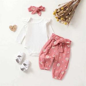 Kleidungssets Baby-Mädchen-Herbst-Outfit, langärmliger Strampler mit Blumendruck, Gürtelhose und Stirnband-Kleidungsset