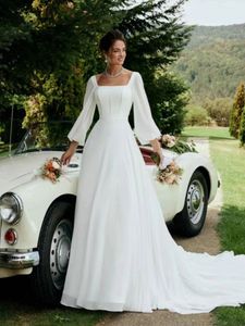 Nowe niesamowite białe sukienki ślubne Głębok kwadratowy dekolt księżniczka ogrodowe sukienki ślubne długie rękawy Linia Tiul Plus Długość pociągu Szyt Pociągu Vestido de novia