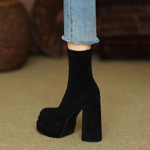 Bot ayakkabı y Kadın ayak bileği çok yüksek topuklu patikler topuklu kısa ayakkabı kadın süet platform çorabı 231214 ile