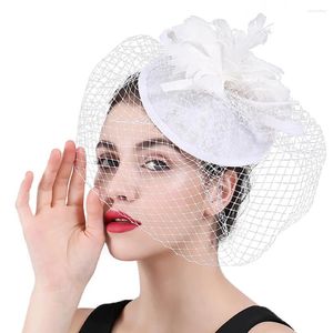 Brud mesh vita fascinatorer hattar hårklipp parti bröllop headpiece slöjor formell klänningskyrka huvudbonad accessoares