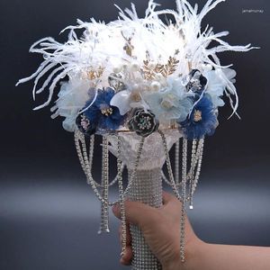 Wedding Flowers SESTHFAR Luxury Crystal Bouquets With Pearls Beaded Navy Rose Bridal Bouquet Artificial Accessories