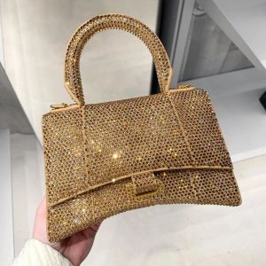 Borsa a mano con clessidra con strass e diamanti intarsiati Borsa a tracolla con tracolla luccicante da donna con tracolla Borsa piccola estiva di design in vera pelle di lusso