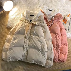 Women's Down Parkas Korean Fake Two Piece Zipper Down Jacket för att hålla varm bomull vadderad Y2K Casual Joker Coat för män och kvinnor i Harajuku 231215