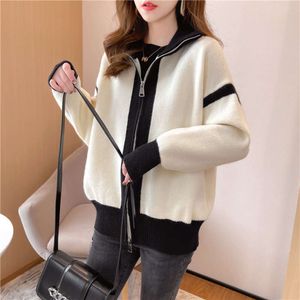 Sweater Women's 2023 Spring And Autumn New Outerwear Stand Up Neck Zipper Sweater Fashionable Slim Knitted Cardigan Color Block Flip Collar