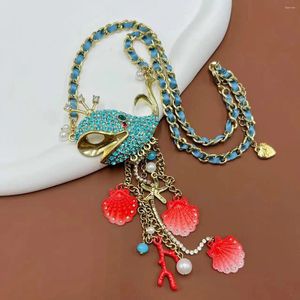 Ciondoli Con frange di perle Collana lunga vintage dolce con corallo di animali europei e americani conchiglia di vento marino