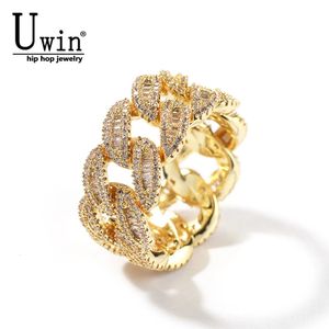 Wedding Rings Uwin Cuban Link Rings Baguette Miami Full Paved Out Cubic Zirconia Engagement Ring HipHop Punk Jewelry For Men Women 231214