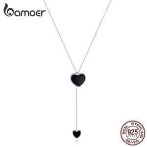 Double Heart Necklace For Women Simple Black Emamel Y-Shape Chain Halsband 925 Femme Sterling Silver Jewelry BSN095 2202093046