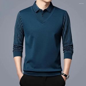 Polos masculinos camiseta gola virada para baixo primavera outono manga comprida botão listra estampa moda polo camisetas casuais tops