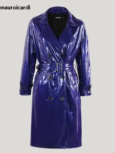 Pelle da donna finta nerazzurra autunno lungo impermeabile viola lucido riflettente vernice cappotto in PVC cintura da donna doppio petto moda europea 231214