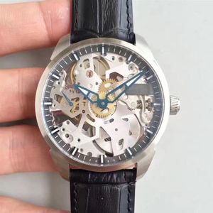 Komplikation av högsta kvalitet Squelette Watch Rostfritt stålskelettskelett med svart läderrem Mekanisk manuell lindande armband290s