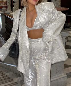 女性のスーツブレザーファッションソリッドレディース3ピースセットブレザースプリング長袖スパンコールコートハイウエストパンツレーム231214