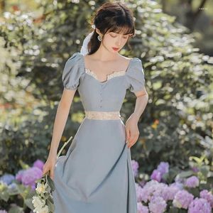 Casual Dresses Summer Chiffon Fairy Dress Women Cottagecore Puff Sleeve Slim Waist Hollow Out Short French Retro Sweet Cute