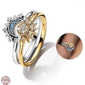 Cluster-Ringe, exquisiter Ring für Damen, 925er Sterlingsilber, hochwertig, strahlende Sonne und Mond, passend für originelle, charmante DIY-Geschenke