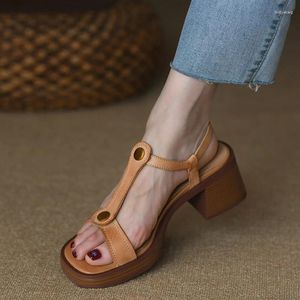 Sandaler Summer Concise Cowhide Women Shoes On Heel 6 cm Roman Style Ladies Buckle Simple Thick Retro