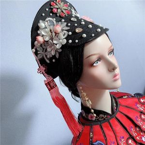 Women Cosplay Flower Alloy Rhinestone Pearl Headwear Hat Chinese National Ancient Costume Wedding Head Wear Hair Accessories