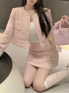 Arbeitskleider Winter Französisch Vintage 2 Stück Set Frauen Rosa Tasche Casual Chic Rock Anzug Weibliche Koreanische Mode Langarm Elegant 2023
