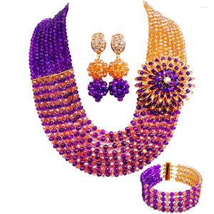 Halsbandörhängen Set Purple and Champagne Gol AB Crystal African Beads Jewelry Nigerian Wedding