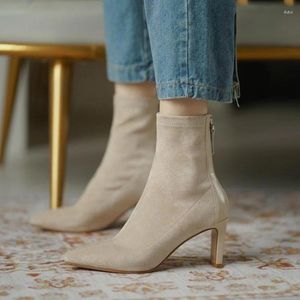 Boots Women Autumn High Heels Pointed Suede Ankle Lady Stripper Winter Block Clear Short Booties Apricot Black Prom Shoes