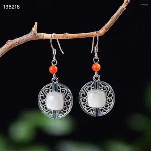 Stud Earrings Natural Real 925 Sterling Silver Retro Mosaic White Hetian Jade Beads Fashion Temperament Women Gift