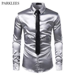 Herrenhemden, silbernes Seidenhemd + Krawatten-Set, glatte Herren-Smokinghemden aus Satin, lässige Button-Down-Männerhemden, WeddParty, Abschlussball, Chemise Homme J231215