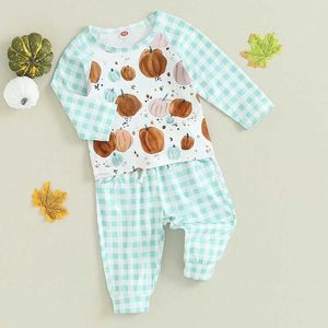 Kläder sätter nyfödda byxor Set Baby Boys Halloween Pumpkin Print Tops och Plaid Pants Outfits Spädbarn 2 Piece Pants Suits