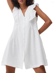 Mulheres sleepwear zzlbuf mulheres verão casual mini vestido cor sólida babados sem mangas com decote em v botão encerramento solto curto