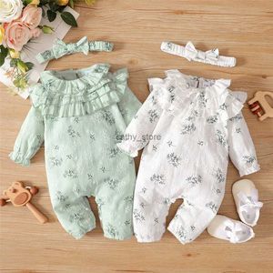 Rompers 0 till 12 månader baby flicka romper nyfödd baby flicka bodysuit blommor lotus blad lång ärm jumpsuit med pannband baby onesiel231114