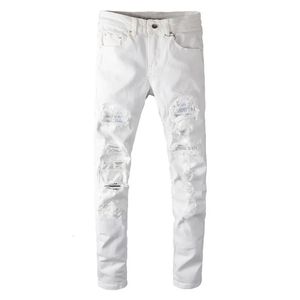 Calças de brim masculinas Sokotoo homens branco cristal buraco rasgado jeans moda slim fit strass calças jeans elásticas 231215