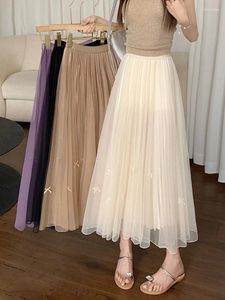 Skirts SURMIITRO Women Tulle Long Skirt 2023 Korean Fashion Bow Elegant Solid A Line High Waist Pleated Mesh Female Purple