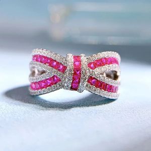 Wedding Rings Spring Qiaoer Luxury 925 Sterling Silver Ruby High Carbon Diamond Gemstone Wedding Party Bows Ring For Women Fine Jewelry Gift 231214