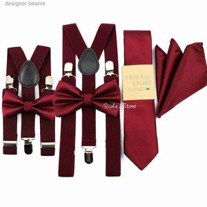 Neck Ties 2 Sizes Colorful Solid Elastic Suspender Bow Tie Hankie Sets Men Kids Wedding Party Brace Strs Polyester Cravat Gift AccessoryL231215