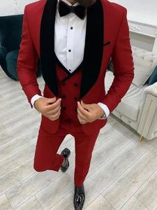 Mäns kostymer formella röda män passar 3 stycken Set Prom Wedding för smoking Slim Fit Brudgum Gift Kostym Anpassad jacka västbyxor