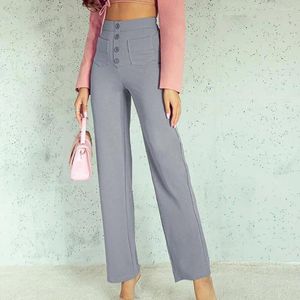 Women's Pants Elastic Waistband Trousers High Waist Wide Leg With Button Closure Pockets Loose Solid Color For Lady