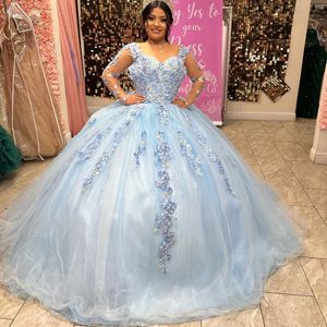 Sky Blue Quinceanera Dresses Ball Gown For Sweet Girls Applique Lace Vestidos De XV 15 Anos Beads Birthday Prom Dress