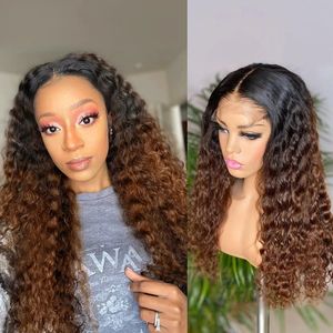 Synthetic Wigs Two Tone Full Lace Human Hair Kinky Curly Black Gold Brown Wig With Strap And Clips For Women Natural Hairline 231215