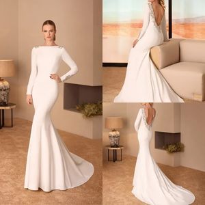 Cabotine 2023 vestidos de casamento de cetim bateau pescoço manga longa sereia vestidos de noiva sexy sem costas trem varredura vestidos de casamento