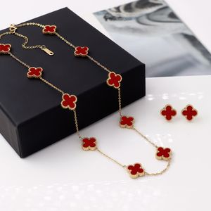 Collana di design di alta qualità per donna, collana e orecchini con quadrifoglio, collana di moda in agata rossa, abiti regalo per gioielli per feste di nozze