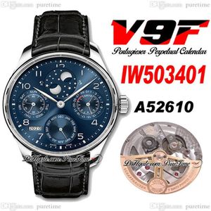 V9F 503312 Calendário Perpétuo A52610 Relógio Masculino Automático Aço Mostrador Azul Marcadores de Prata Fase da Lua Reserva de Energia Couro Preto St321Q