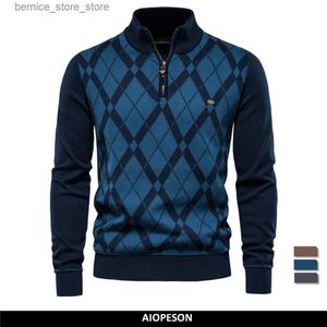 Polos masculinos AIOPESON Argyle Homens Suéteres Algodão Mock Neck Zipper Patchwork Pulôver Homens Inverno de Alta Qualidade Moda Suéteres Quentes para Homens Q231215